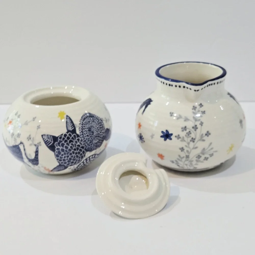 Anthropologie Saga Sugar Bowl No Spoon With Lid  Chip On The Lid & Creamer